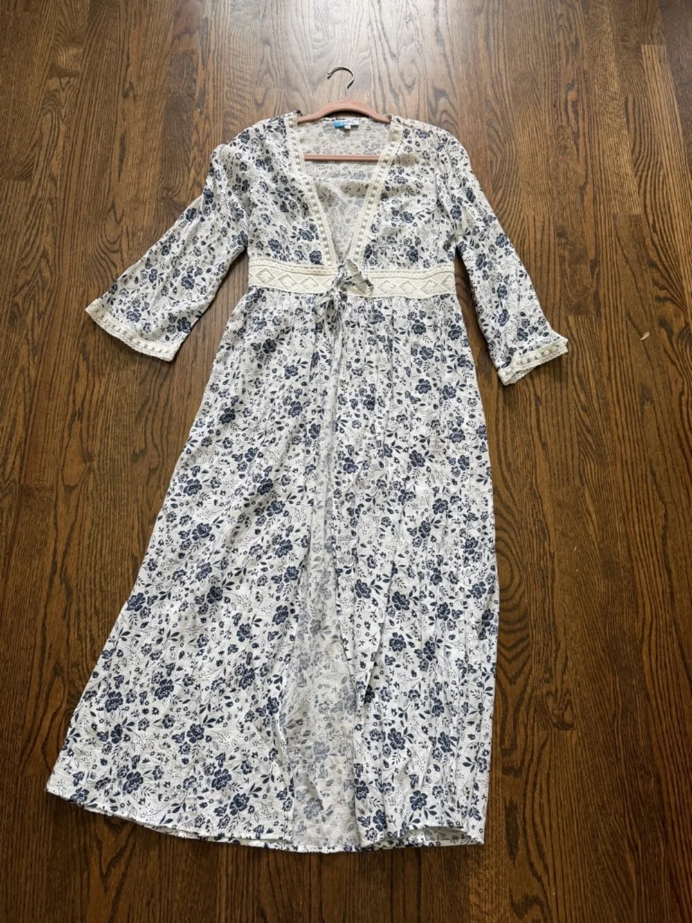 White and Navy Floral Swim Cover with Lace Trim